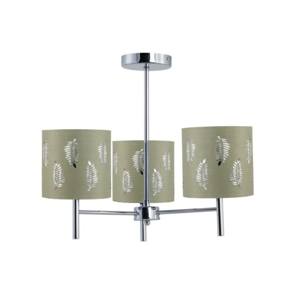 Brea - Chrome 3 Light Fitting with Sage Green Fern Shades