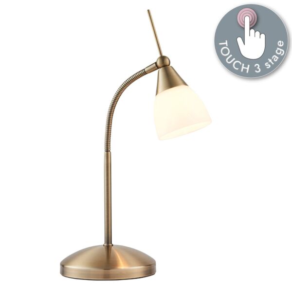 Endon Lighting - Range - 652-TLAN - Antique Brass White Glass Touch Task Table Lamp