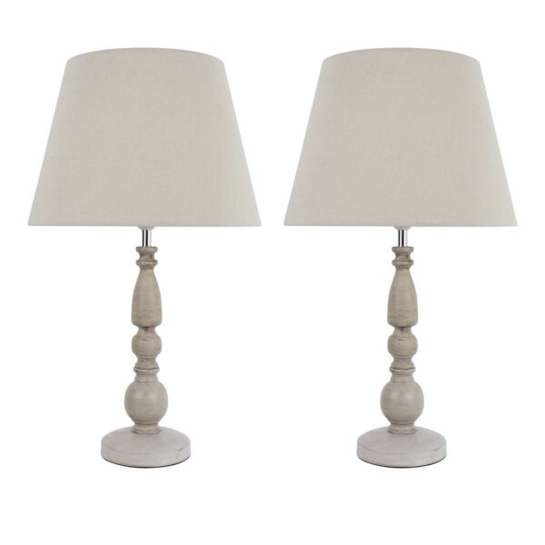 Set of 2 Grey Wash Wood Effect 59cm Table Lamps with And Grey Cotton Shade