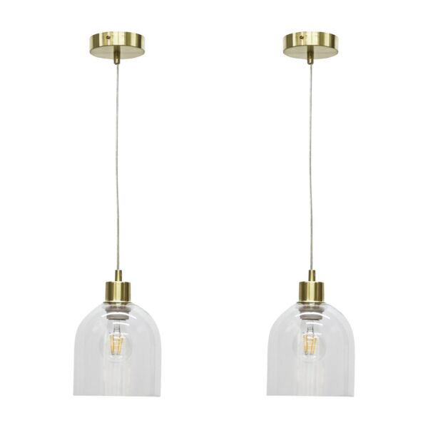 Set of 2 Belten - Clear Glass Cloche with Satin Brass Pendant Fittings