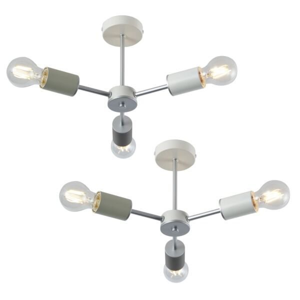 Set of 2 Vevo Monochrome - White with Satin Silver 3 Arm Flush Ceiling Lights