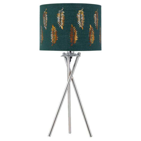 Chrome Tripod Table Lamp with Dark Green Fern Cut Out Shade