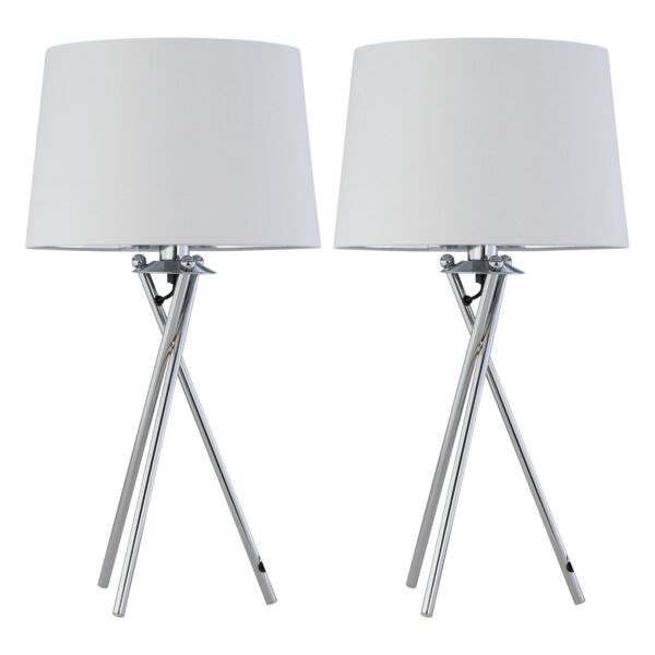 Set of 2 Tripod - Chrome Lamps with White & Silver Fabric Shade