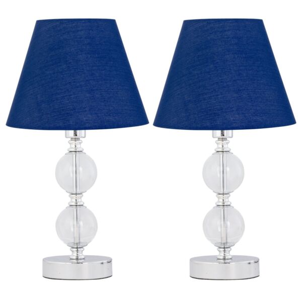 Set of 2 Chrome Two Ball Table Lamps with Navy Blue Shades