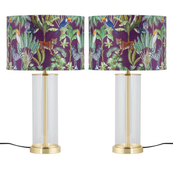 Set of 2 Aura - Satin Brass Lamps with Safari Velvet Shades