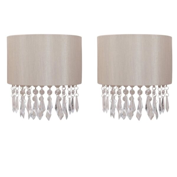 Set of 2 Jewelled Pale Gold Fabric Wall Lights With Clear Beaded Crystal Style Strings