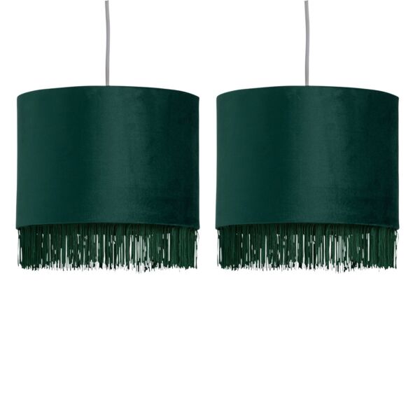 Set of 2 Tassel - Dark Green Velvet with Gold Inner Easy Fit 25cm Pendant Shades