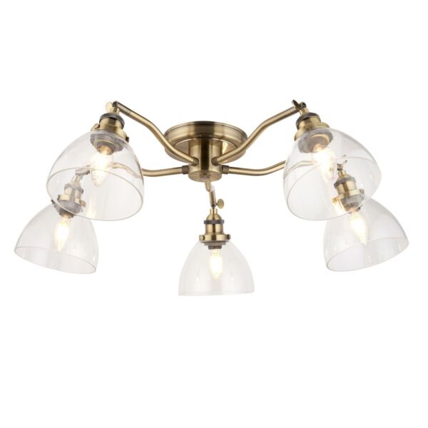 Endon Lighting - Hansen - 97248 - Antique Brass Clear Glass 5 Light Flush Ceiling Light