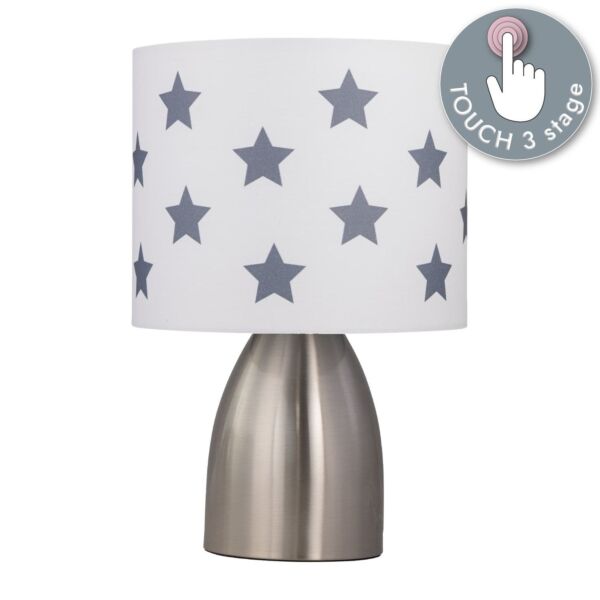 Valentina - Brushed Chrome Touch Lamp with White & Dark Grey Stars Shade