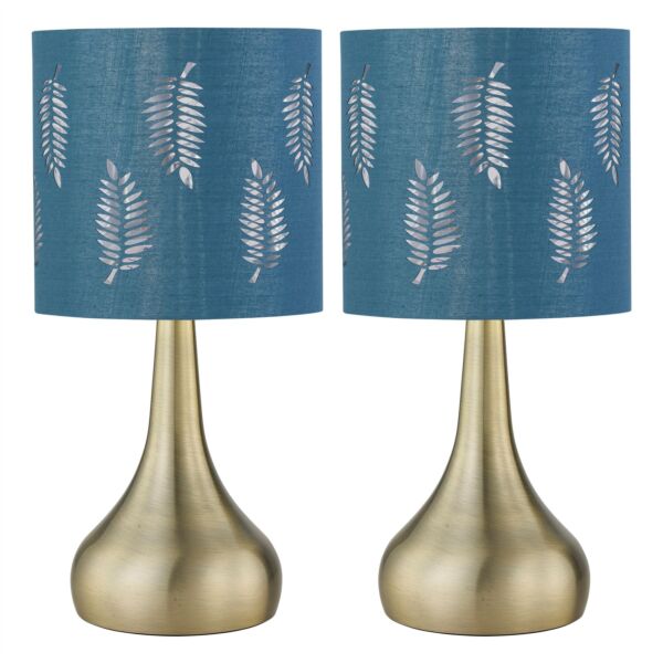 Set of 2 Romana - Antique Brass Touch Table Lamps Teal Fern Shade