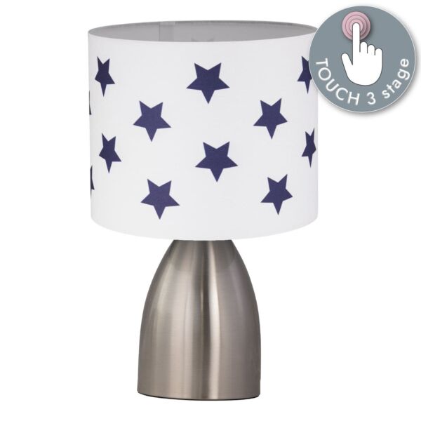 Valentina - Brushed Chrome Touch Lamp with White & Blue Stars Shade