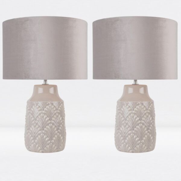 Set of 2 Peacock Glazed Ceramic Lamps with Grey Velour Shade