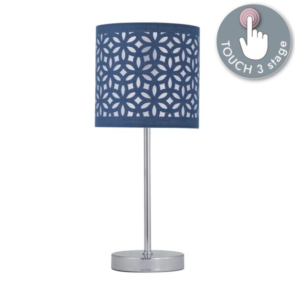 Chrome Touch Operated Table Lamp with Navy Blue Cut Out Shade