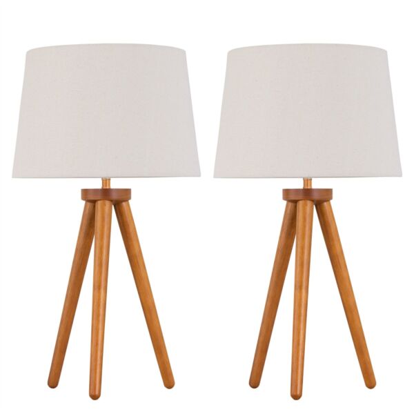 Set of 2 Dark Oak Table Lamp or Bedside Lights with Linen Shades