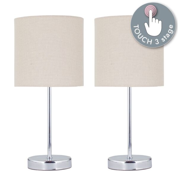 Set of 2 Chrome Touch Operated Table Lamps with Natural Linen Shades