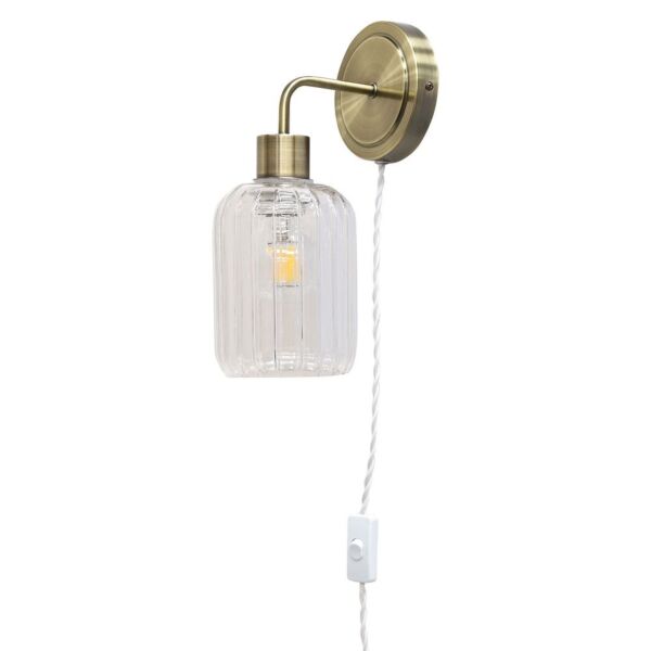 Toby - Antique Brass Plug in Wall Light & Lozenge Ribbed Glass Shade
