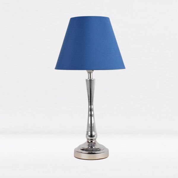 Chrome Plated Bedside Table Light with Curved Column Blue Fabric Shade