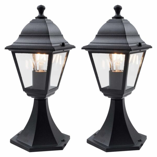 Set of 2 Cambridge - Black with Clear Glass Four Sided Lantern IP44 Outdoor Post Lights