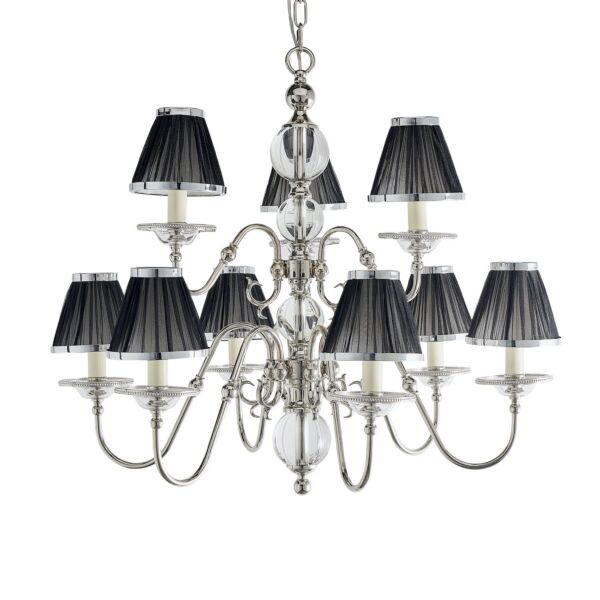 Interiors 1900 - Tilburg - 63719 - Nickel Clear Crystal Glass Black Pleated 9 Light Chandelier