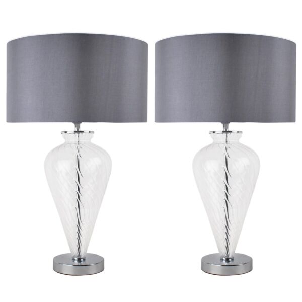 Pair of Clear Glass Table Lamps with Grey Fabric Shades