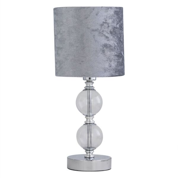 Chrome Two Ball Table Lamp with Grey Crushed Velvet Shade