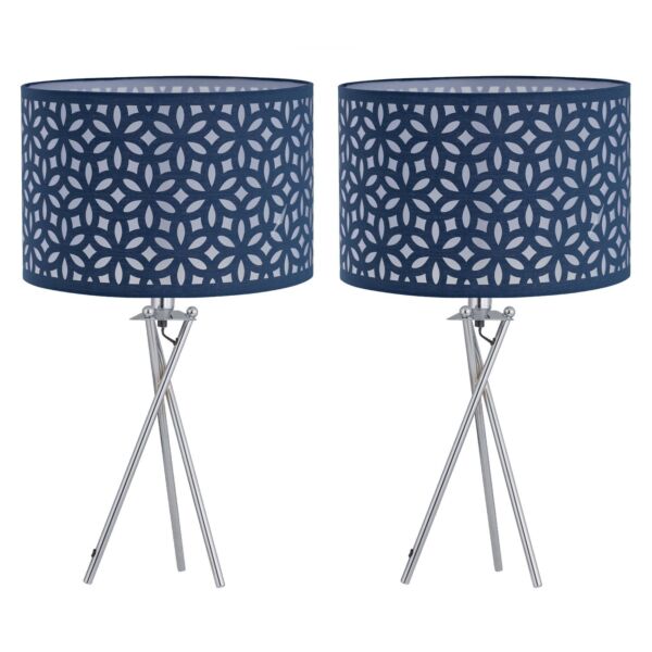 Set of 2 Chrome Tripod Table Lamps with Navy Blue Laser Cut Shades