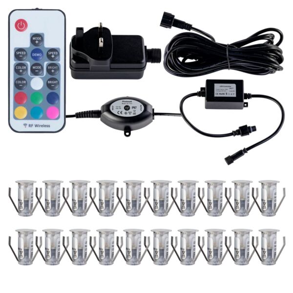 Set of 20 - 15mm Stainless Steel IP67 RGB Colour Changing LED Plinth Decking Kit with Dusk til Dawn Photocell Sensor