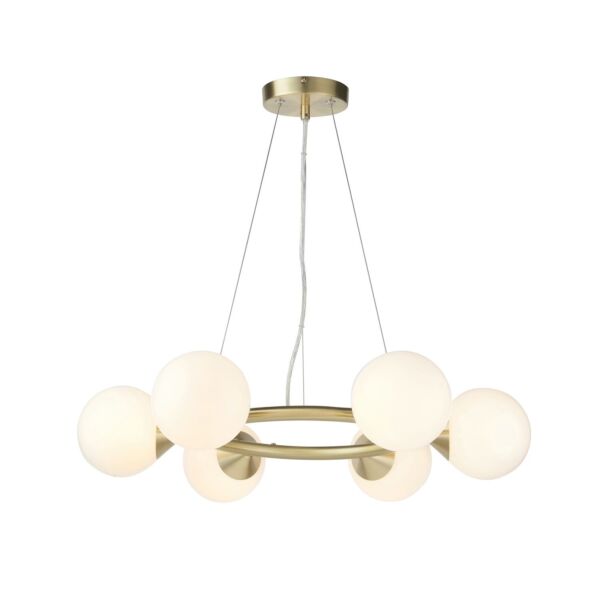 Newton - Satin Brass White Glass 6 Light Ceiling Pendant Light