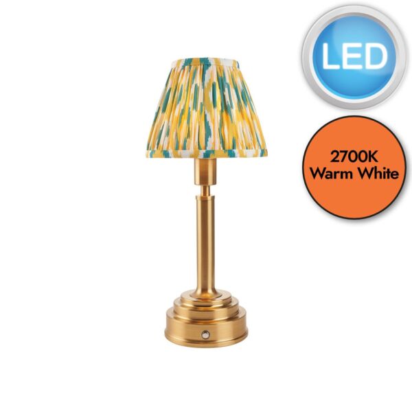 Endon Lighting - Upton Rechargeable & Ikat 16cm - 114887 - LED Aged Brass Yellow Jade Touch Table Lamp With Shade