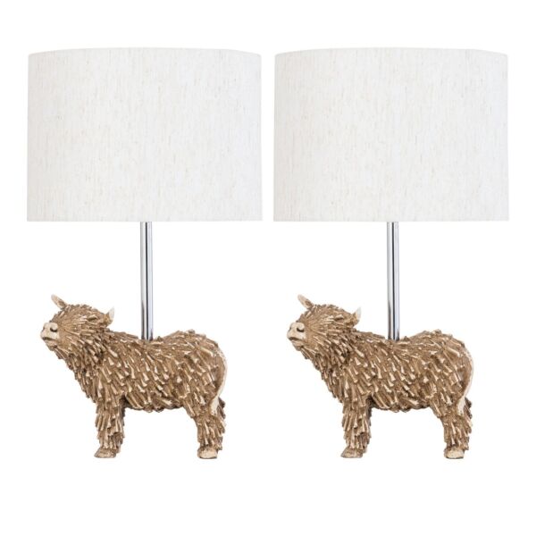 Set of 2 Angus - Highland Cow Table Lamps With Oatmeal Linen Shade