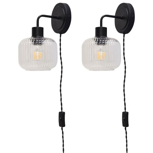 Set of 2 Toby - Black Plug in Wall Lights Barrel Ribbed Glass