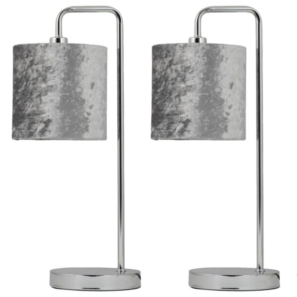 Set of 2 Chrome Arched Table Lamps with Grey Crushed Velvet Shades