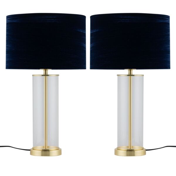 Set of 2 Aura - Satin Brass Lamps with Navy Blue Crushed Velvet Shades