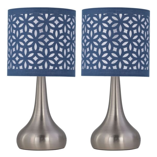 Set of 2 Romana - Brushed Chrome Touch Operated Table Lamps Bedside Lights Navy Blue Laser Cut Shade