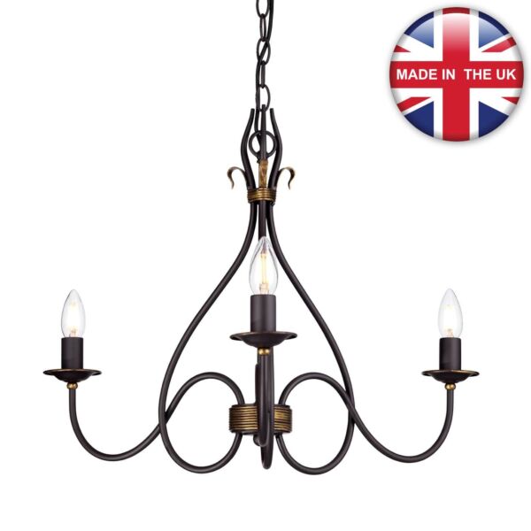 Elstead Lighting - Windermere - WM3 - Rustic Brown Gold 3 Light Chandelier