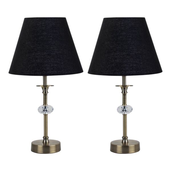 Set of 2 Antique Brass Table Lamps with Facet Detail and Black Shades