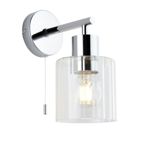 Hunter - Chrome Clear Ribbed Glass IP44 Pull Cord Bathroom Wall Light