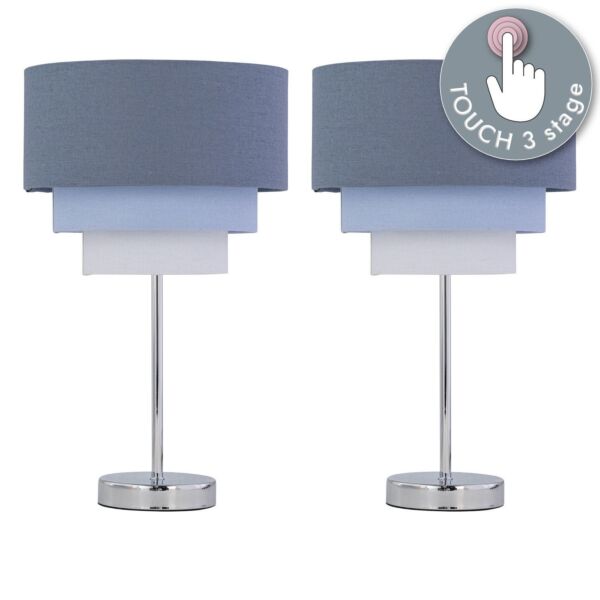 Set of 2 Chrome Touch Operated Table Lamps with Tiered Blue Linen Shades