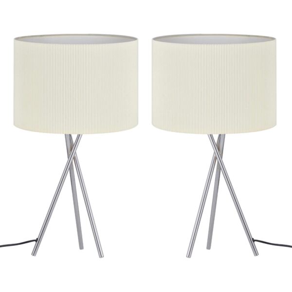 Set of 2 Chrome Tripod Table Lamps with White Micropleat Shades