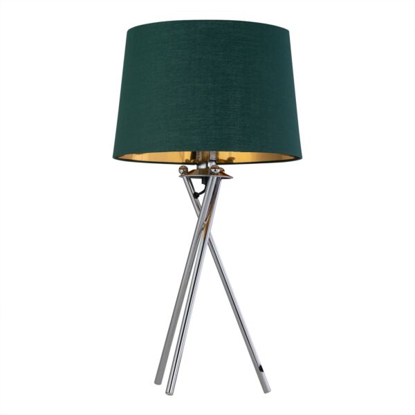 Tripod - Chrome Lamp with Green & Gold Fabric Shade