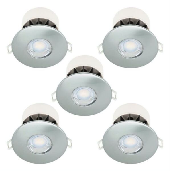 Set of 5 Fire Rated LED Bathroom Downlights - Brushed Steel IP65 Recessed Downlights