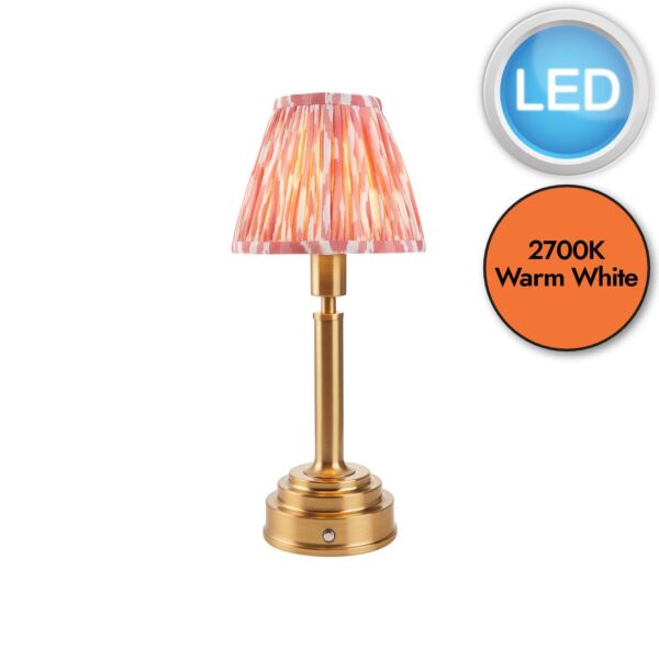 Endon Lighting - Upton Rechargeable & Ikat 16cm - 114876 - LED Aged Brass Pink Touch Table Lamp With Shade