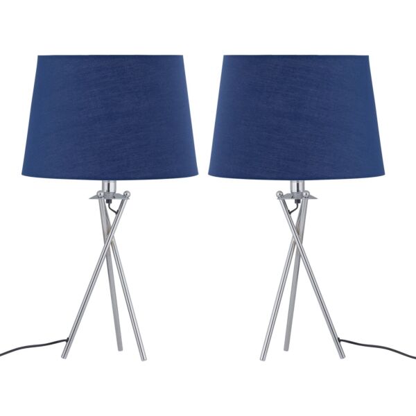 Set of 2 Tripod Table Lamps with Navy Cotton Fabric Shades