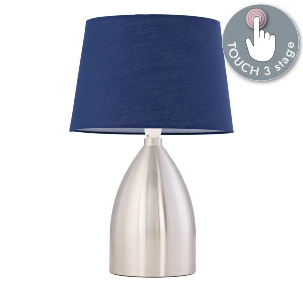 Valentina - Brushed Chrome Touch Lamp with Navy Blue Cotton Shade