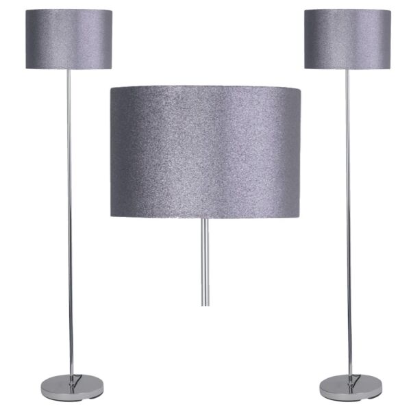 Set of 2 Chrome Stick Floor Lamps with Grey Glitter Shades