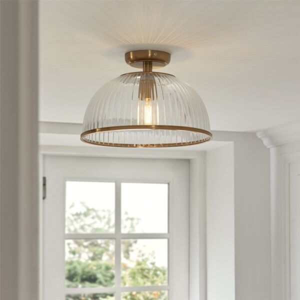 Endon Lighting - Somerset - 118751 - Vintage Brass Clear Ribbed Glass Flush Ceiling Light