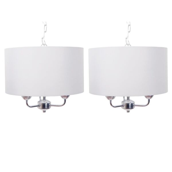 Pair of 3 Light Chrome Pendant Chandelier with Light Cream Fabric Shade