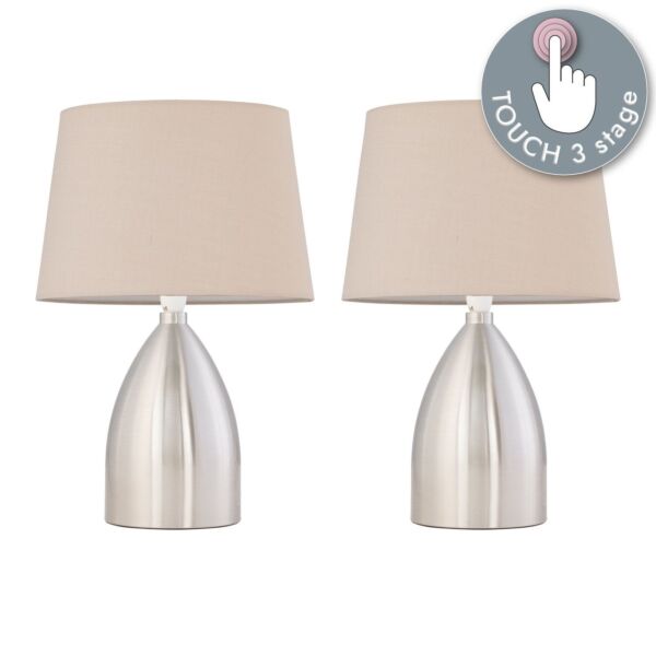 Set of 2 Valentina - Brushed Chrome Touch Lamps with Natural Cotton Shades