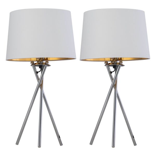 Set of 2 Tripod - Chrome Lamps with White & Gold Fabric Shade