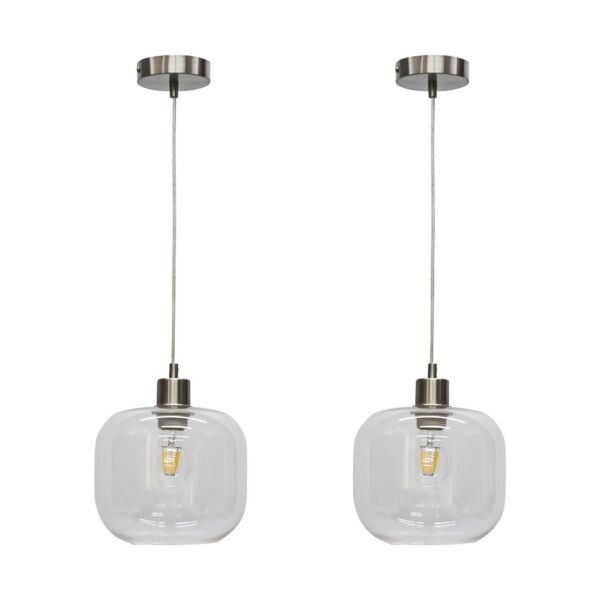 Set of 2 Bletch - Clear Glass with Satin Nickel Pendant Fittings